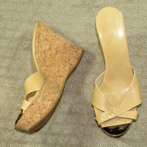 Jimmy Choo Women's 8.5 / 40 Platform Patent Leather Yellow Cork Wedge Heels